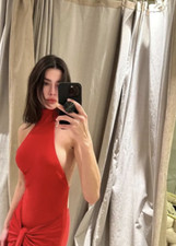wedding guest cocktail dress brown red halter neck summer 2024