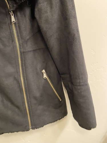 PRANA Women’s Size Medium Black Faux Suede Leather Fur Lined Moto Jacket - Picture 6 of 13