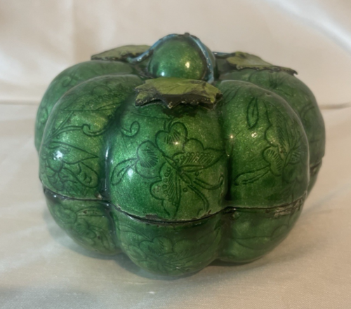 Antique Chinese Enamel Copper Gourd Melon Box BLUE GREEN - Picture 6 of 17