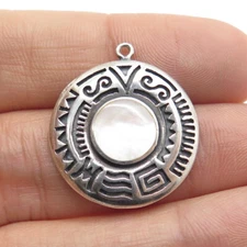BOMA 925 Sterling Silver Vintage Real Mother-of-Pearl Tribal Round Pendant