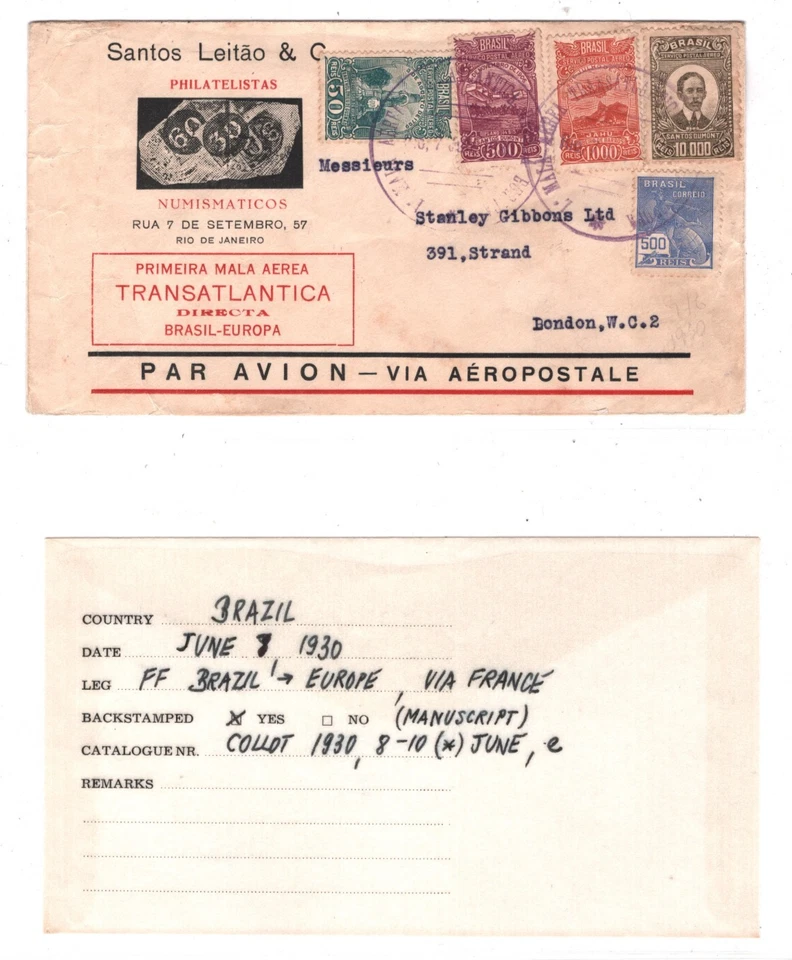 BRAZIL Cover 1930 Airmail *MERMOZ* TRANSATLANTIC FIRST FLIGHT FRANCE London KT70 - Image 3 of 4