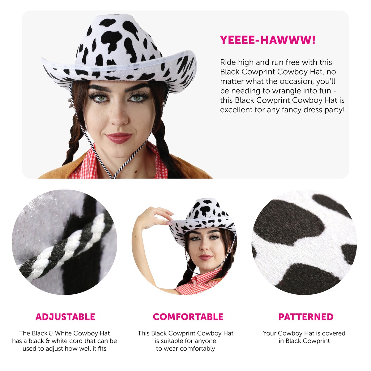 ADULT BLACK COW PRINT COWBOY COWGIRL HAT WESTERN HEN PARTY 