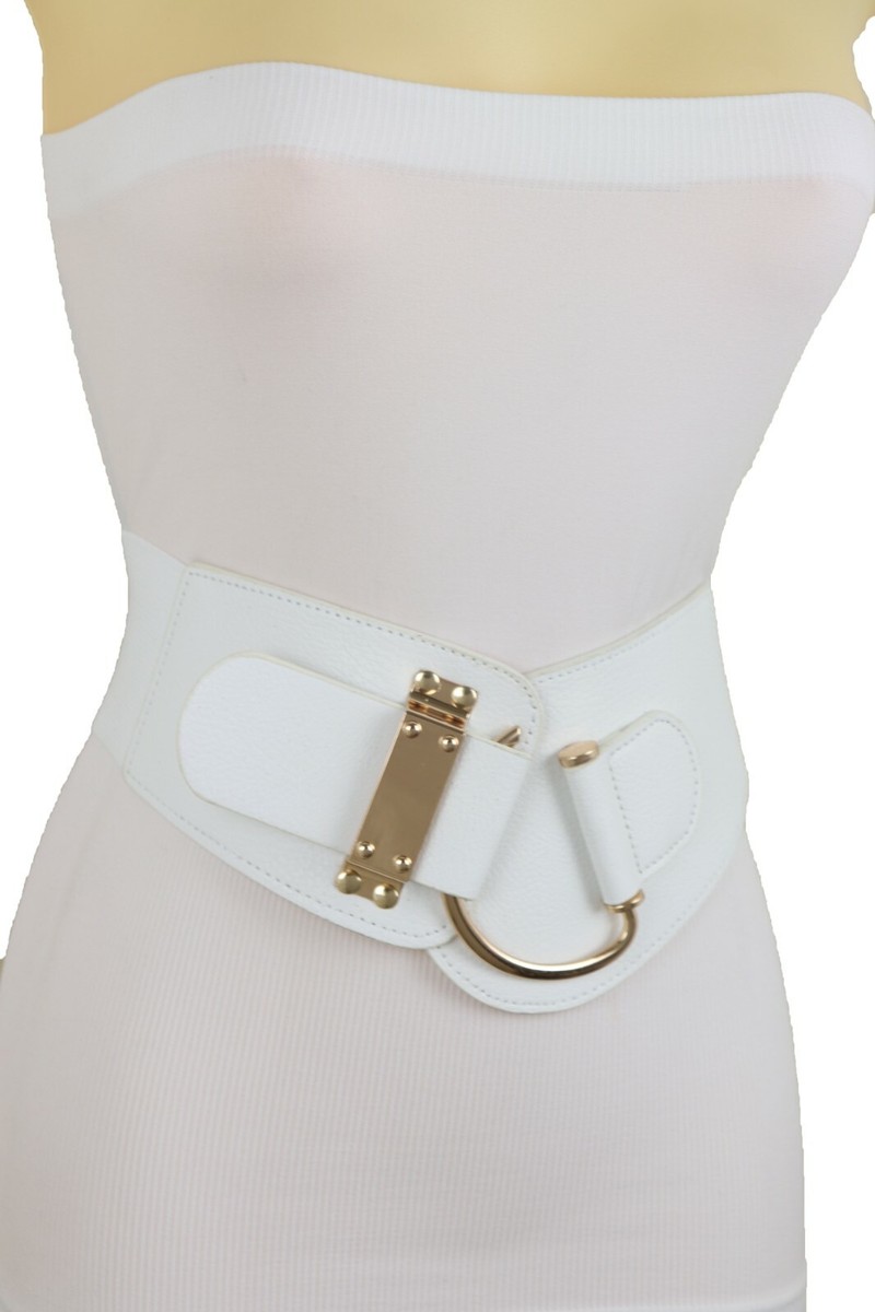 Women White Elastic Waist Hip Trendy Faux Leather Belt Gold  display picture 2