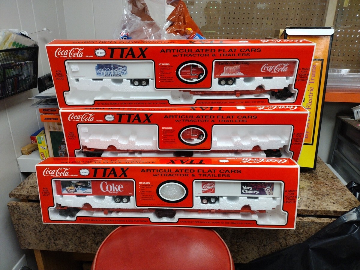 O Scale TTAX Articulated Flat Cars W/Tractor And Trailer Coca-cola
