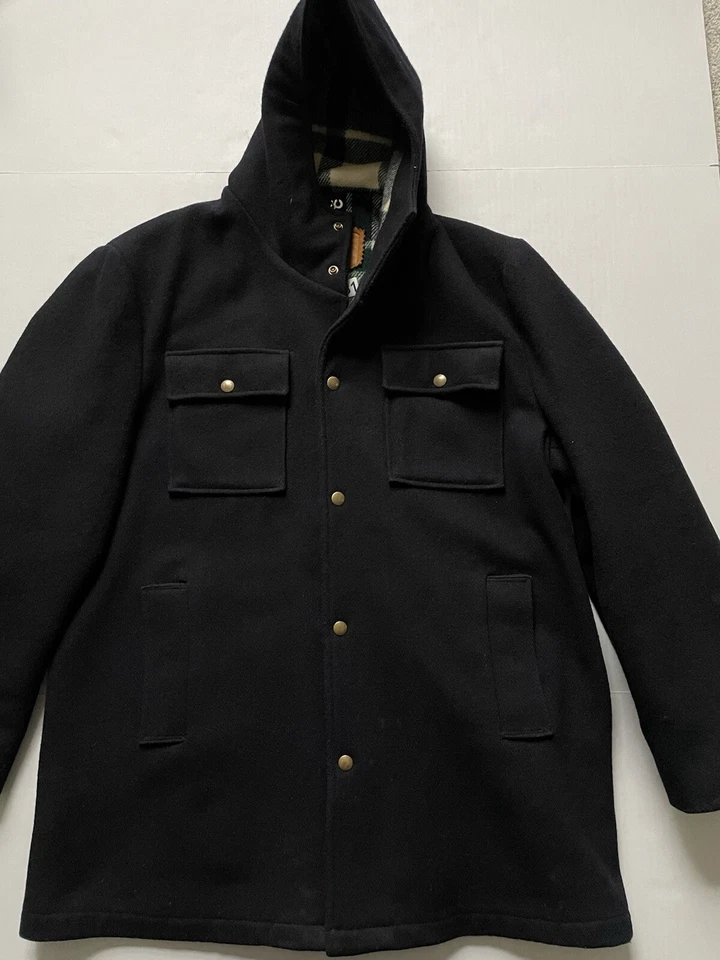 Abrigo Woolrich De Colección Para Mujer 40 Azul Marino Mezcla de Lana A Cuadros Forrado Cuero Etiqueta Con Capucha Foto 2 de 4