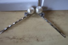 Vintage Hair Clips - Silver Tone with Faux Diamond and Pearl Pre-Owned VG