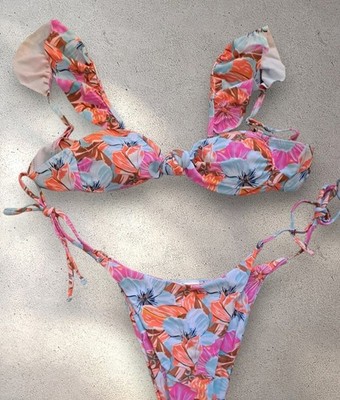 Women's Multicolor Floral 2-Piece Bikini Set Spaghetti Adjustable Straps  xs