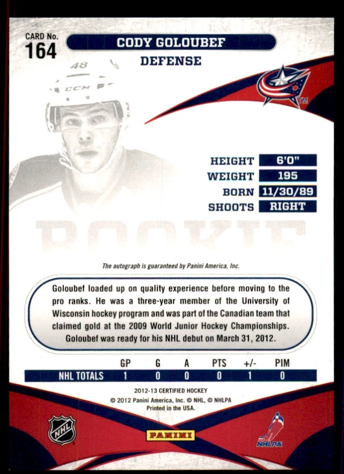 2012-13 Panini Certified #164 Cody Goloubef #/999 Rookie Auto - Image 2 of 2