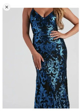 Blue Sequin Mermaid Formal Dress Sleeveless V-Neck Backless Long Women s