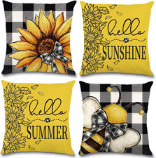 4PCS Summer Pillow Covers 18x18 Inches Bee Sunflower Summer Pillow Cases for Hom