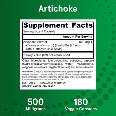 Artichoke 500 Mg - Standardized Artichoke Extract - 180 Servings (Veggie Caps...