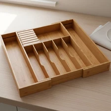 Expandable Bamboo Drawer Organizer 8 Compartments with Knife Block for Silver...