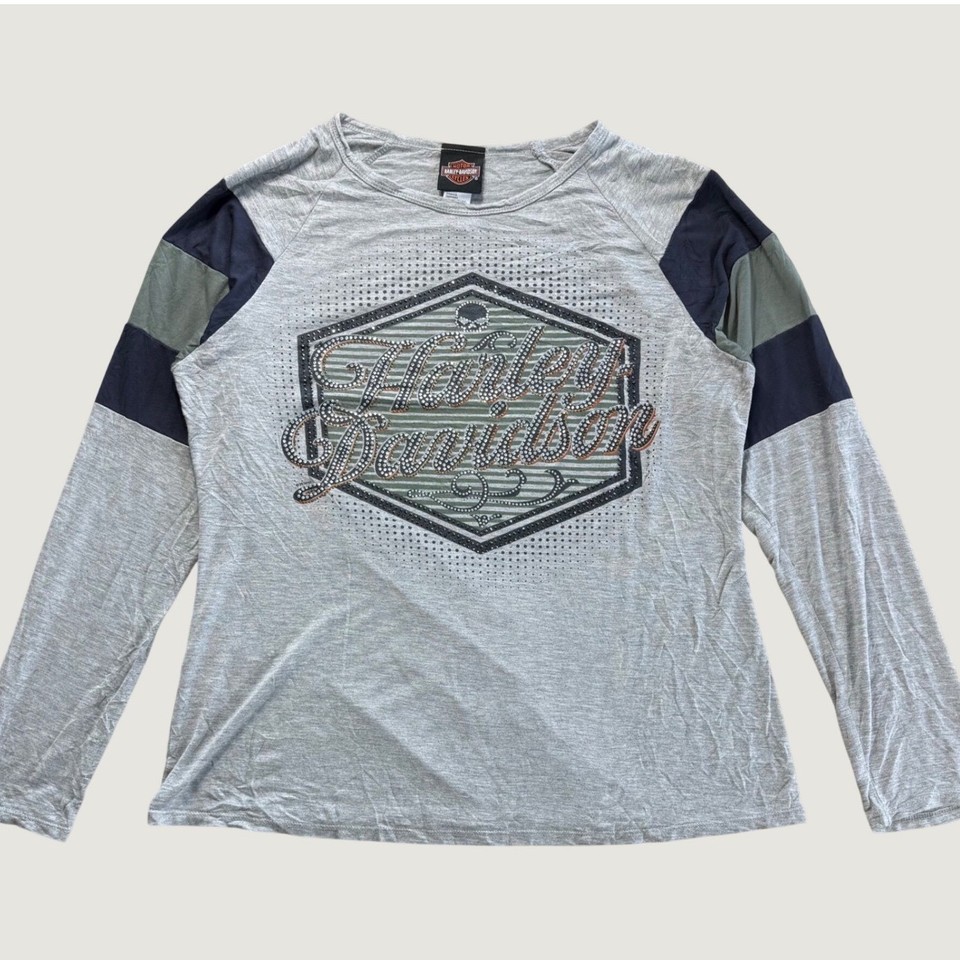 Harley Davidson Rhinestone Bling Top Womens 1XL Grey Y2K Raglan Tee