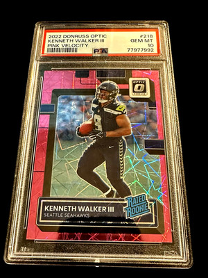 KENNETH WALKER III 2022 Optic PINK VELOCITY SP RC/RR JERSEY # MATCH 9/79 PSA 10