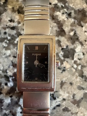 Pulsar Watch Women Stainless Black Dial V701-X312 Works Great!