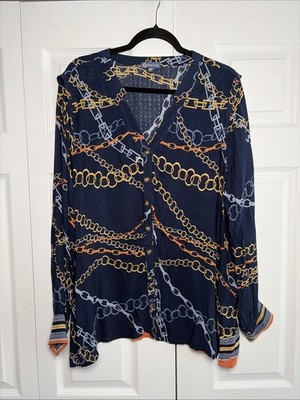 Democracy Chain Print Blouse Womens Size 2X Navy Equestrian Button