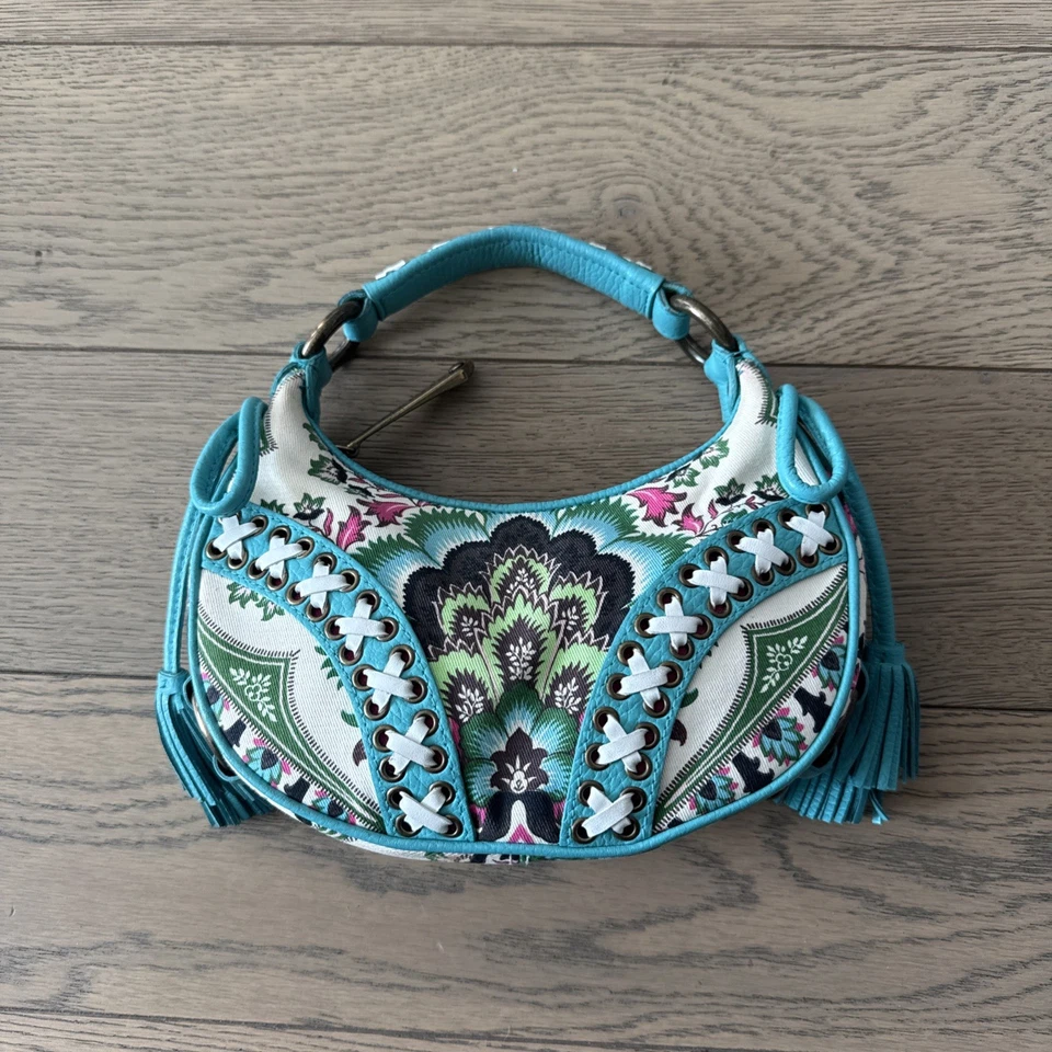 Bolso hobo pequeño vintage Isabella Fiore floral de lona y cuero turquesa con cordones Foto 2 de 4