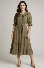 Mable Dress Womens S Green Boho Lagom Peasant Cottagecore Gauzy Tiered Ruffle