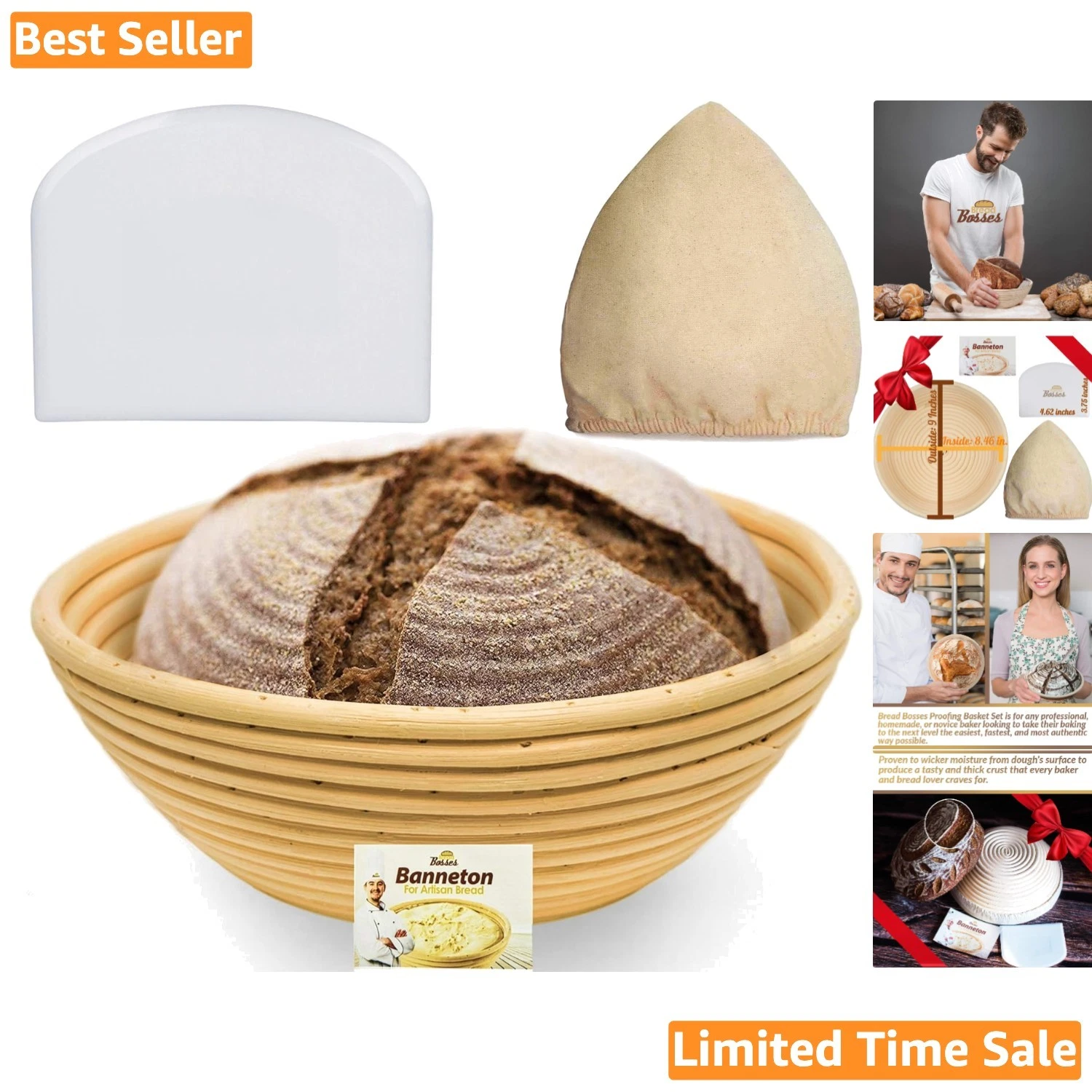9 Inch Sourdough Bread Proofer Basket with Plastic Scraper & Baking Essentials
