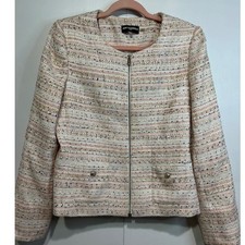 Karl Lagerfeld Paris Tweed Suit Blazer Jacket Women Size 12 Zip Front Pockets