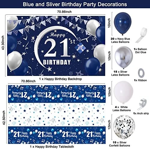 Blue 21st Birthday Decorations for Men Women, Navy Blue Silver Happy 21st Birthday Yard Banner, Blue 21st Birthday Balloons for 21st Birthday