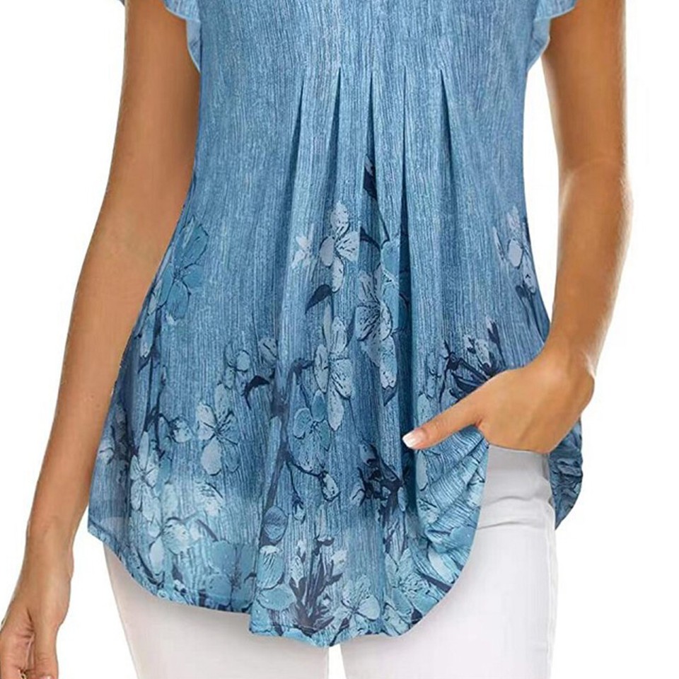 Womens Boho Floral Tunic Tops Ladies Short Sleeve Summer Casual T
