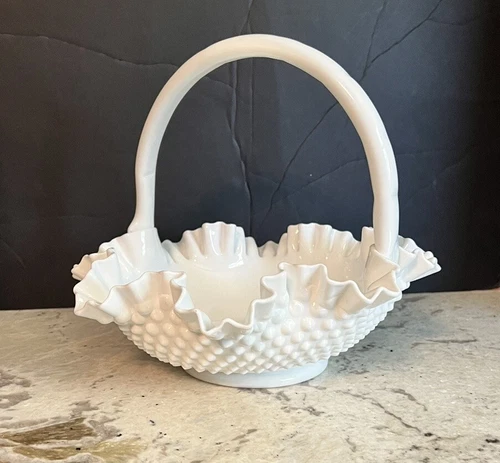 Vintage Fenton Hobnail Milk Glass Bridal Basket With Handle Large 12"W X 11"H