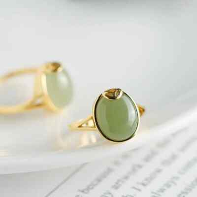 LuckRing High Head Hetian Jade Gray Jade Oval Egg Noodle Ring Sterling