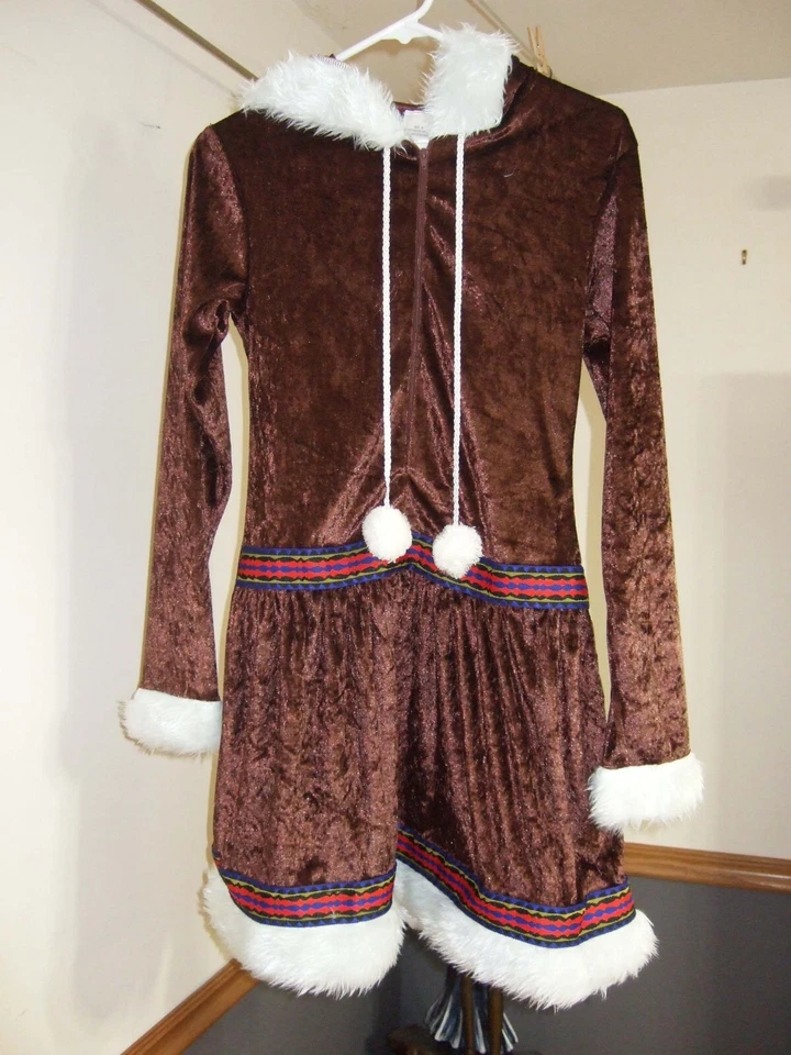 MINIVESTIDO ESQUIMAL MUJER, TERCIOPELO LIGERO, CON CAPUCHA, CON RIBETE DE PIEL SINTÉTICA BLANCA Foto 2 de 4