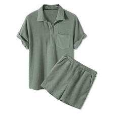 Men Sets Casual Loose Waffle Corduroy Short Sleeve Suit Casual Two Piece Set