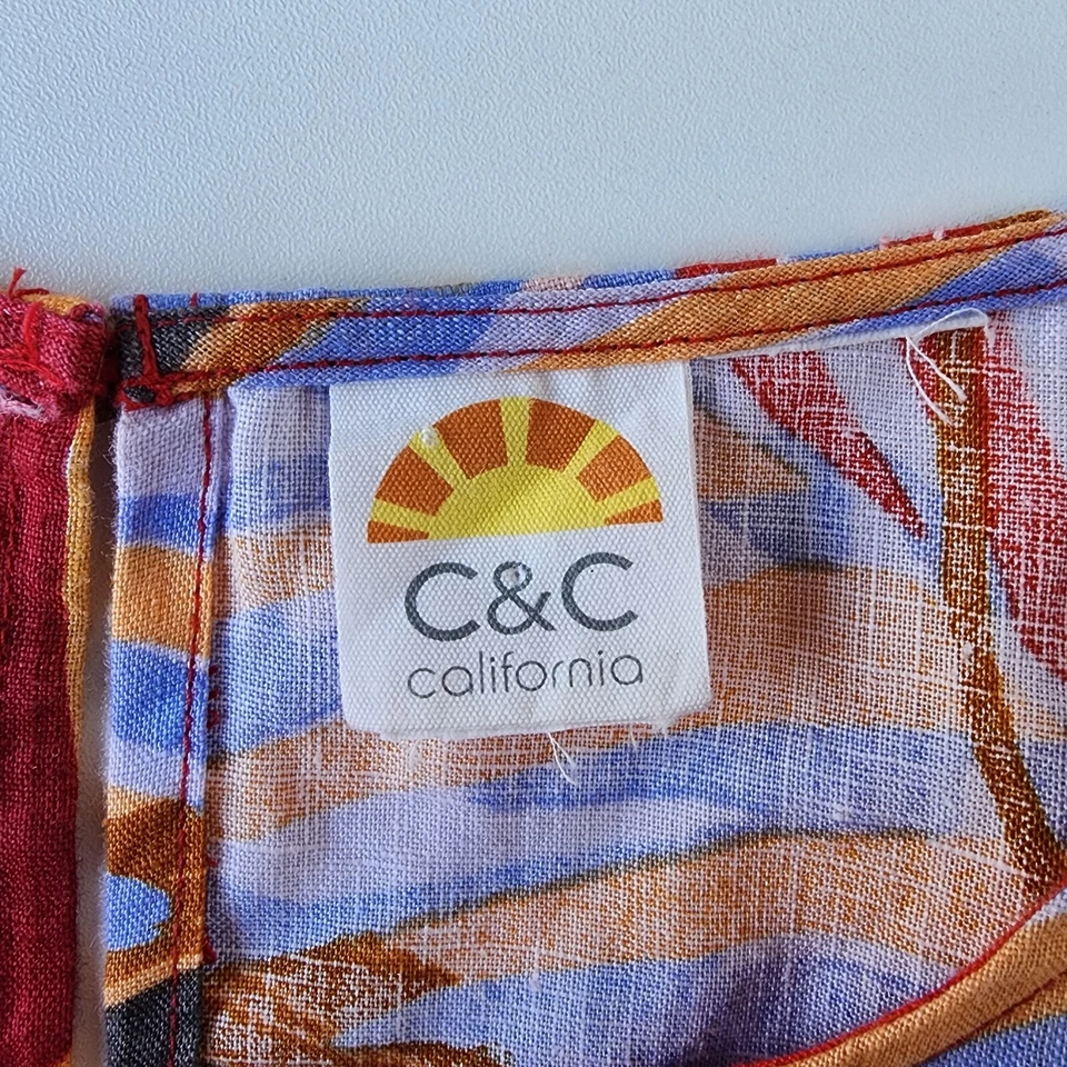C&C California Dress Women's 100% Linen Red Orange Boho Floral Sleeveless Sz M - Image 3 of 4