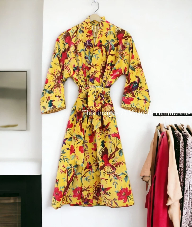 Abrigo Chaqueta Lujosa Terciopelo Flecos Kimono Amarillo Pájaro Estampado Kimono Chaqueta Larga Foto 2 de 4