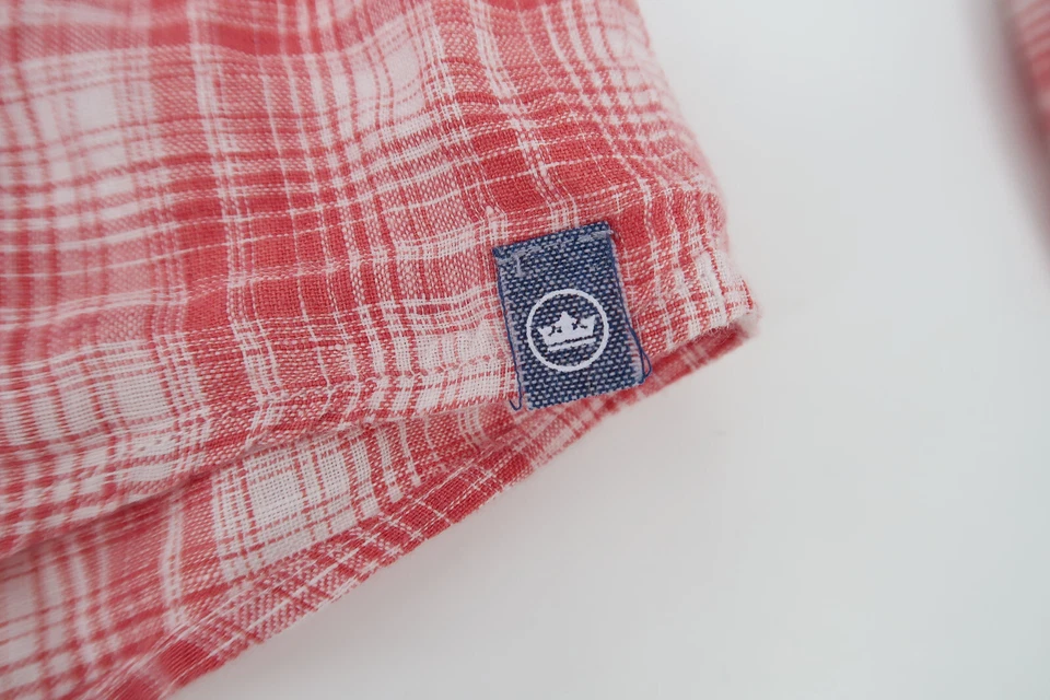 Camisa Deportiva Peter Millar Para Hombres XL Suncrest Lino Manga Larga Rojo Botón a Cuadros Foto 4 de 4