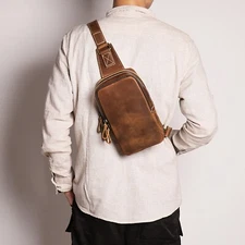 Men’s Leather Chest Bag Retro Crossbody Sling for iPad Mini Phone Wallet