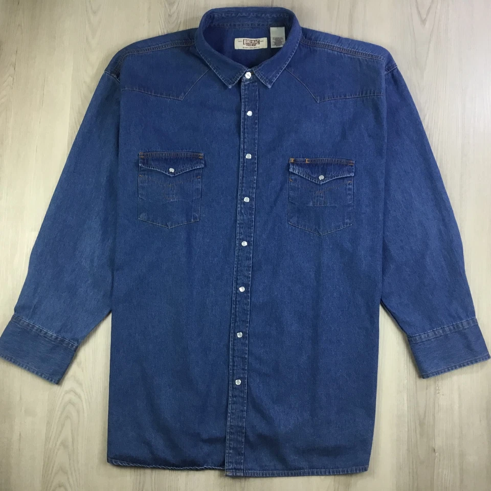 Big Mac Mens Shirt 5XLT Tall Blue Denim Western Pearl Snap Long Sleeve Cowboy - Image 2 of 4