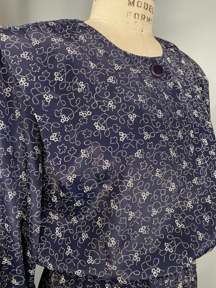 Vestido Vintage TALLA EXTRA GRANDE 12 XL Azul Marino Blanco LESLIE FAY Años 80 90 Modesto Foto 4 de 4