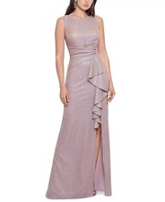 Xscape Metallic Glitter Formal Evening Gown Maxi Solid Boat Neck 12 Blush Gold