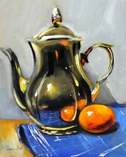 VINTAGE gold teapot and clementine Oil Painting 8x10n Demenko