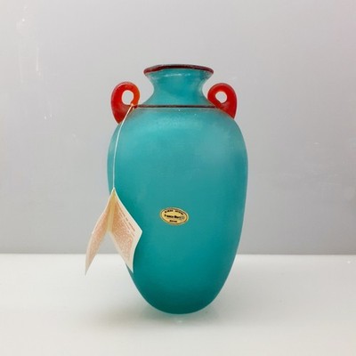 Murano Glass Flower Vase by Franco Moretti Blue Red Interior H9.3''/23.8cm