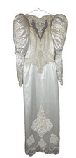 VINTAGE Bridal Wedding Dress Womens Small Ivory Beaded Lace Puff Sleeve 80s