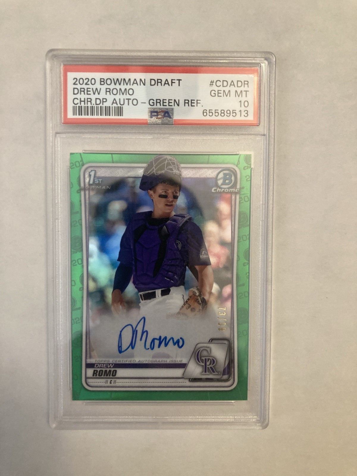 2020 Bowman Draft Chrome Drew Romo Green Refractor Auto PSA 10 (73/99)