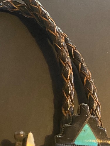 VTG Zuni Sterling Silver? Genuine Turquoise Coral MOP Knifewing Dancer Bolo Tie - Picture 17 of 24