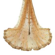Vintage Beige Dupatta Net Mesh Long Stole Hand Embroidered Scarves Zardozi Veil