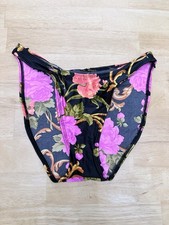 Vintage 70s High Leg Waisted Pink Magenta Roses Gold Bikini Swim Bottom 8 USA