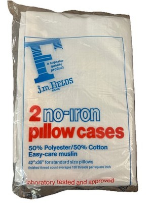 VTG NOS JM Fields 2 No Iron Pillowcases White Standard MCM Easy Care Muslin Art