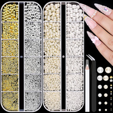 7500Pcs 3D Nail Charms, Gold  Silver Small round Metallic Nail Art Gems and Fla