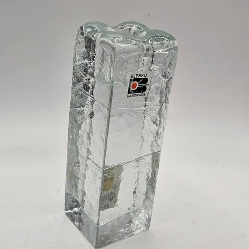 Blenko Ice Cube Candle Holder Vintage Taper Vintage Clear Glass 6" Labels