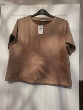 Tu Women's Brown  Boxy Short Sleeved Seude effect Top , Sz L , New