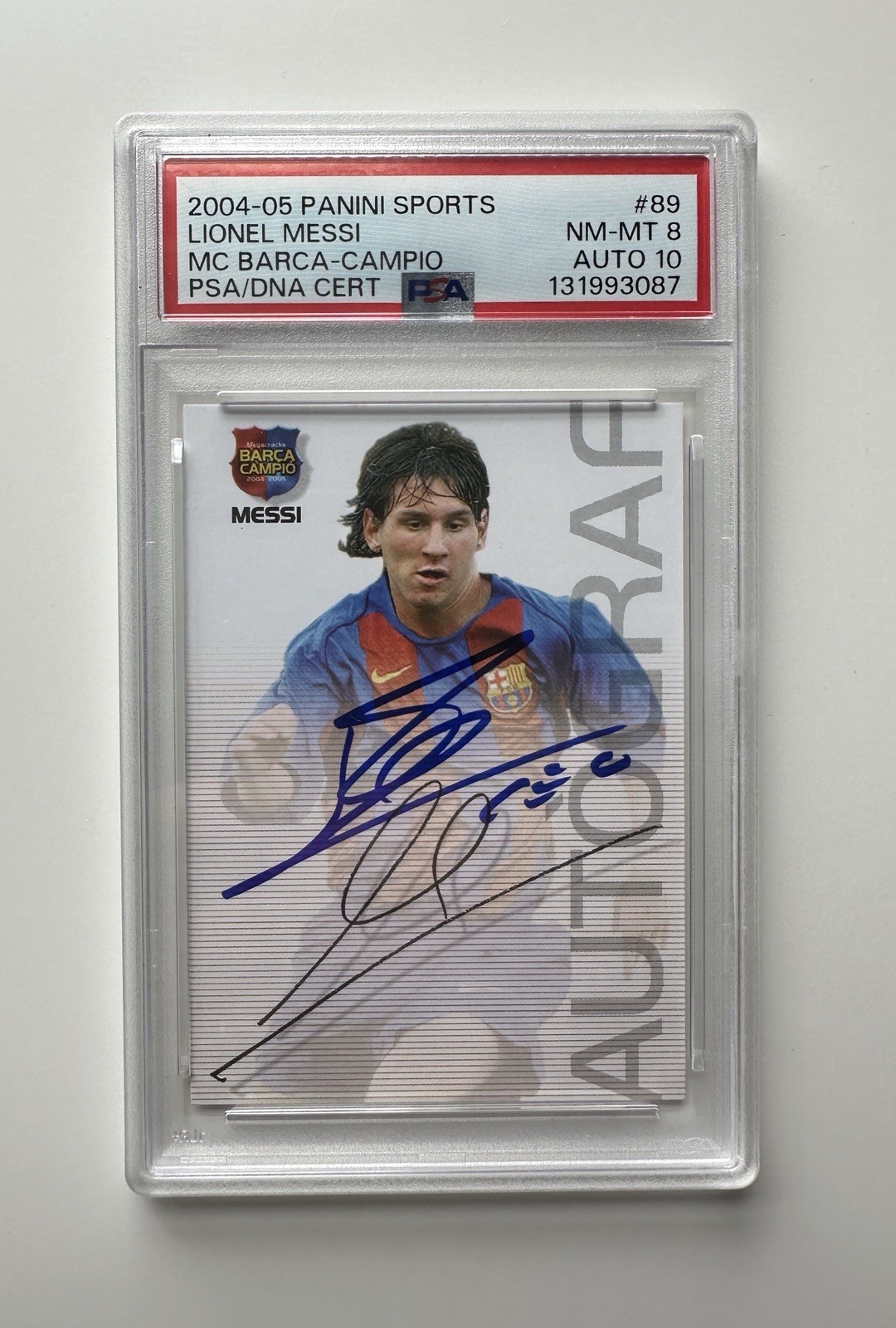 2004-05 Panini #89 Lionel Messi Mega Cracks Barca-Campio PSA 8 Auto 10 Rookie