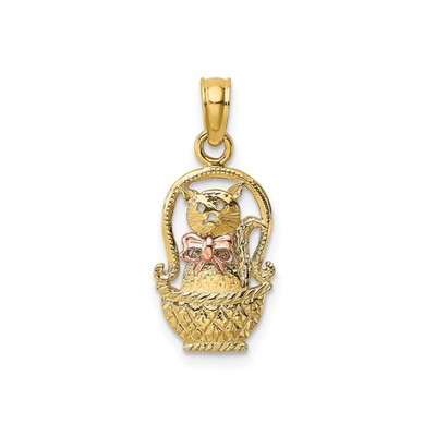 10k Bicolor Gold Katze Anhänger Rose Schleife Gewebt Korb Tier Charm für Frauen